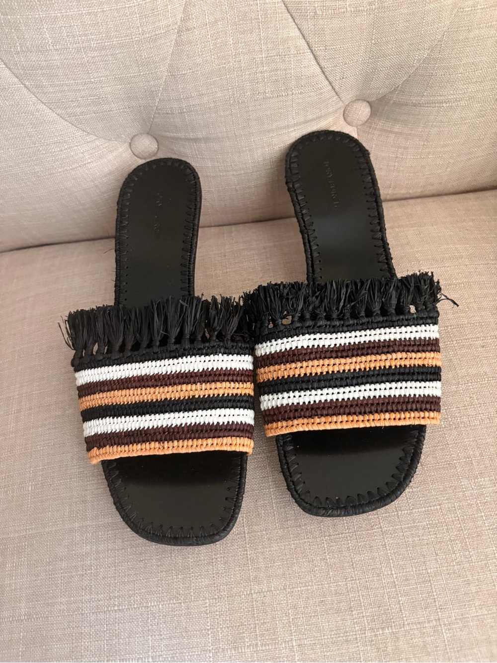 Tory Burch Black Slide Mules with Striped Raffia Band